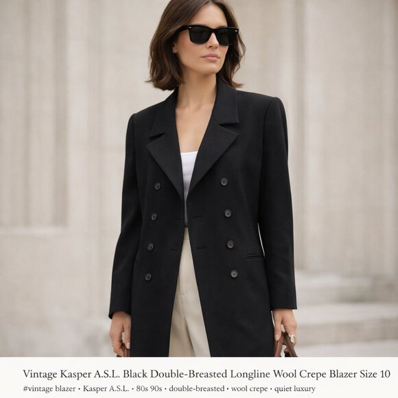 Kasper Jackets & Blazers - Rare Vintage Kasper Black Double-Breasted Longline Wool Crepe Blazer Size 10